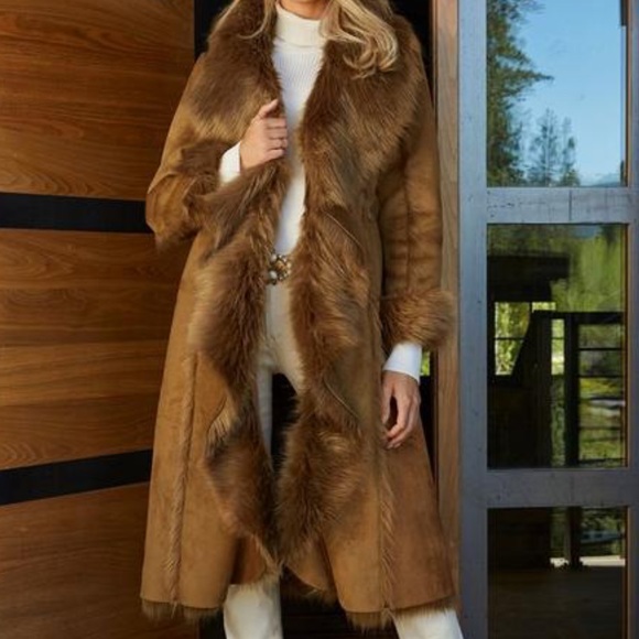 Faux-fur cascading coat in rich tobacco brown by Donna Salyer's Fabulous Furs.